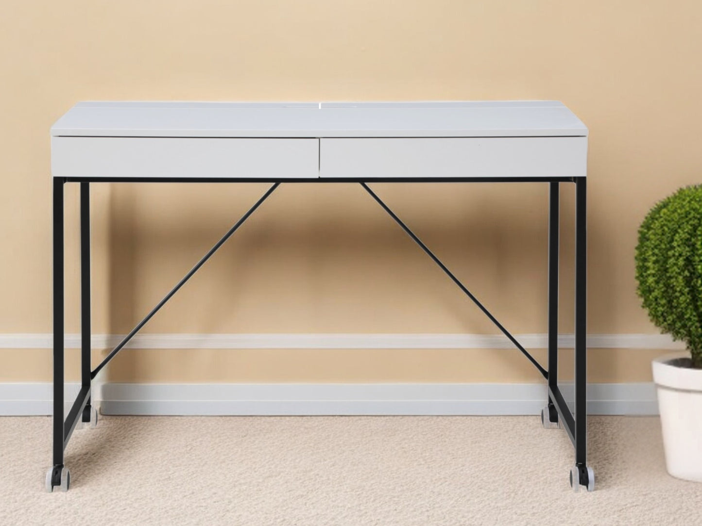 43" White and Silver Writing Desk With Two Drawers