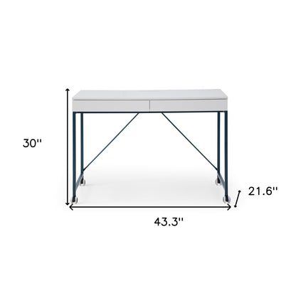 43" White and Silver Writing Desk With Two Drawers