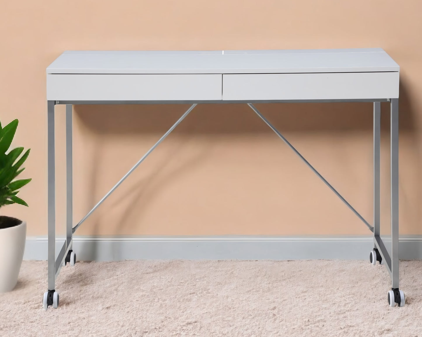 43" White and Silver Writing Desk With Two Drawers