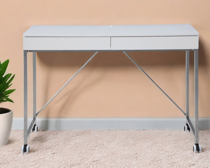 43" White and Silver Writing Desk With Two Drawers