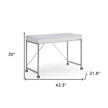 43" White and Silver Writing Desk With Two Drawers