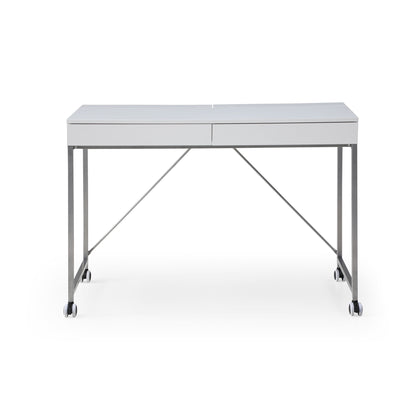 43" White and Silver Writing Desk With Two Drawers