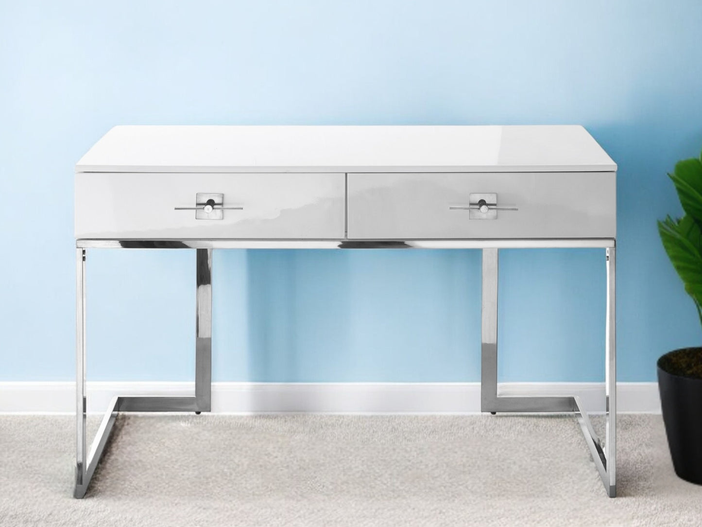 47" White and Silver Metallic Writing Desk With Two Drawers