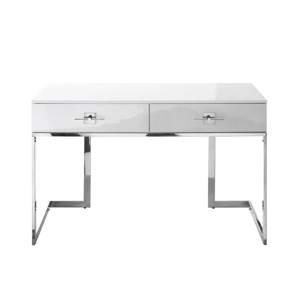 47" White and Silver Writing Desk With Two Drawers