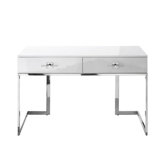47" White and Silver Writing Desk With Two Drawers