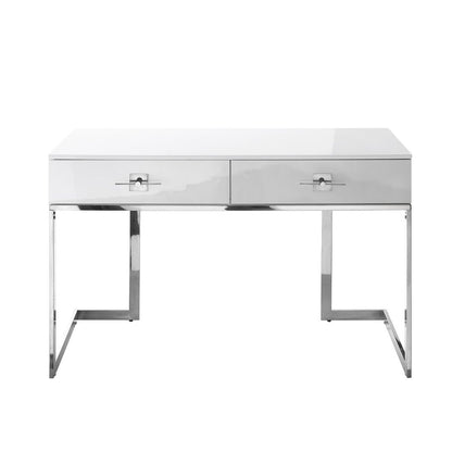 47" White and Silver Writing Desk With Two Drawers