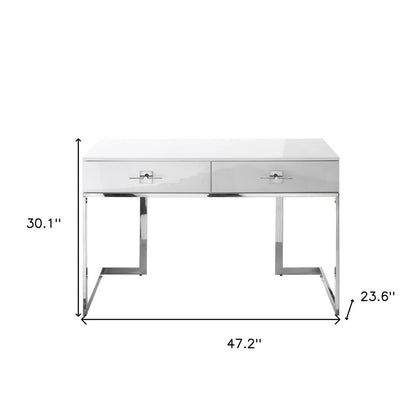 47" White and Silver Writing Desk With Two Drawers