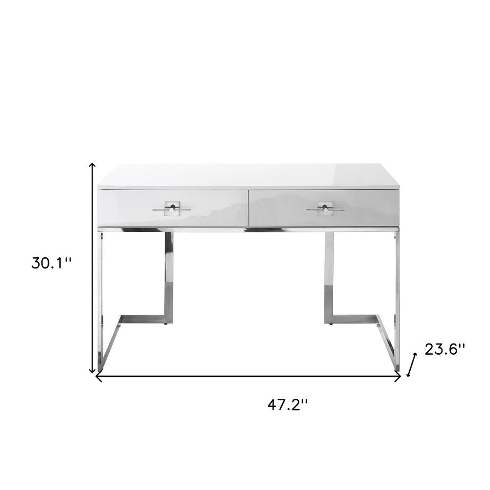 47" White and Silver Writing Desk With Two Drawers