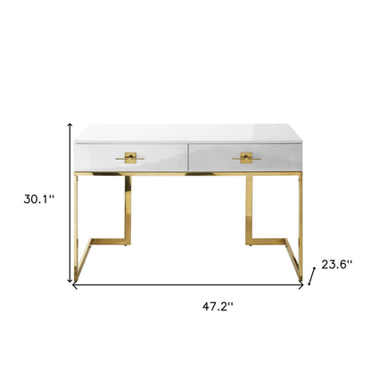 47" White and Silver Metallic Writing Desk With Two Drawers