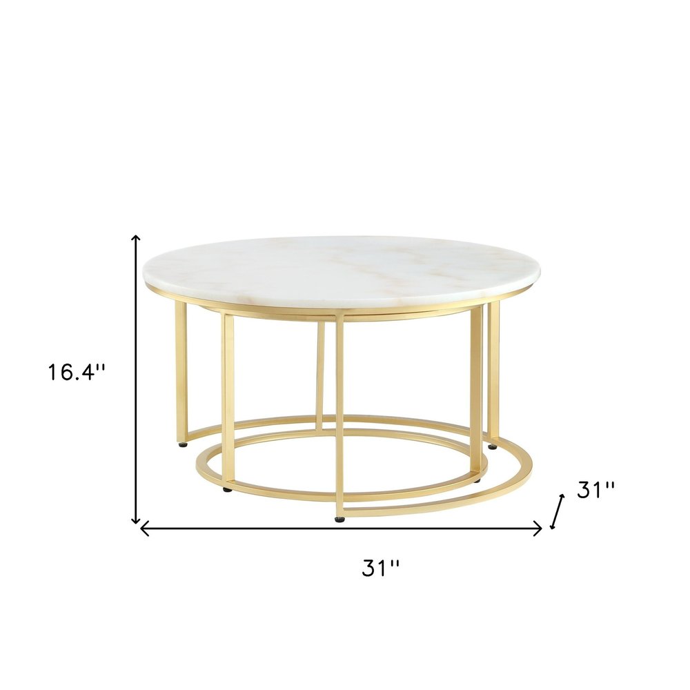 Set of Two 31" White And Gold Genuine Marble And Iron Round Nested Coffee Tables