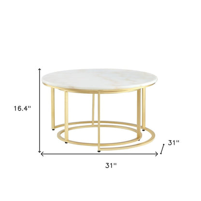 Set of Two 31" White And Gold Genuine Marble And Iron Round Nested Coffee Tables