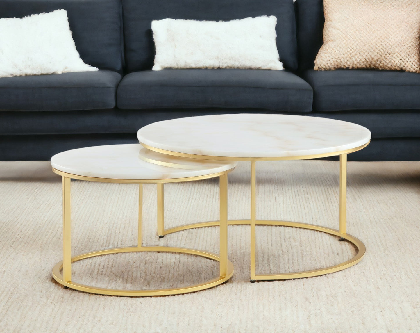 Set of Two 31" White And Silver Genuine Marble And Iron Round Nested Coffee Tables