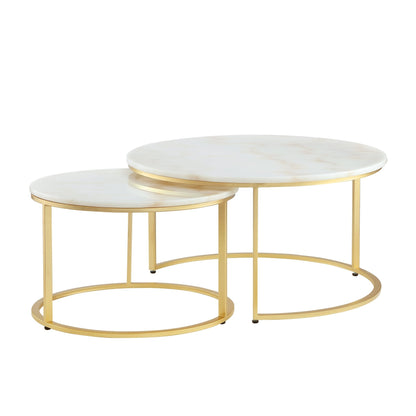 Set of Two 31" White And Gold Genuine Marble And Iron Round Nested Coffee Tables