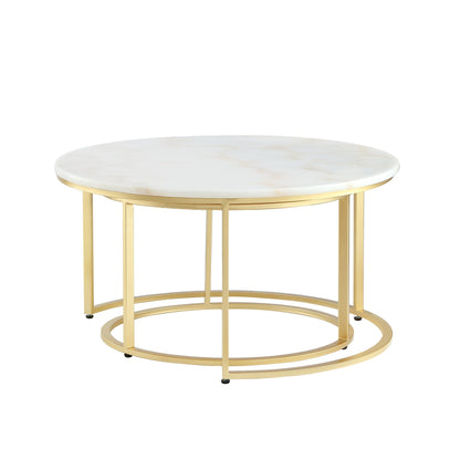 Set of Two 31" White And Silver Genuine Marble And Iron Round Nested Coffee Tables