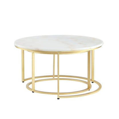 Set of Two 31" White And Gold Genuine Marble And Iron Round Nested Coffee Tables