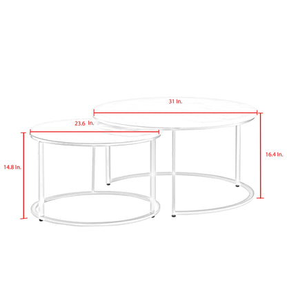 Set of Two 31" White And Silver Genuine Marble And Iron Round Nested Coffee Tables