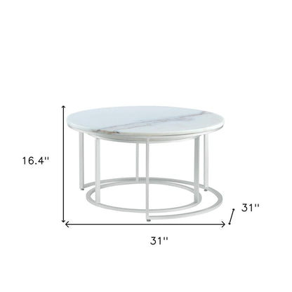 Set of Two 31" White And Gold Genuine Marble And Iron Round Nested Coffee Tables