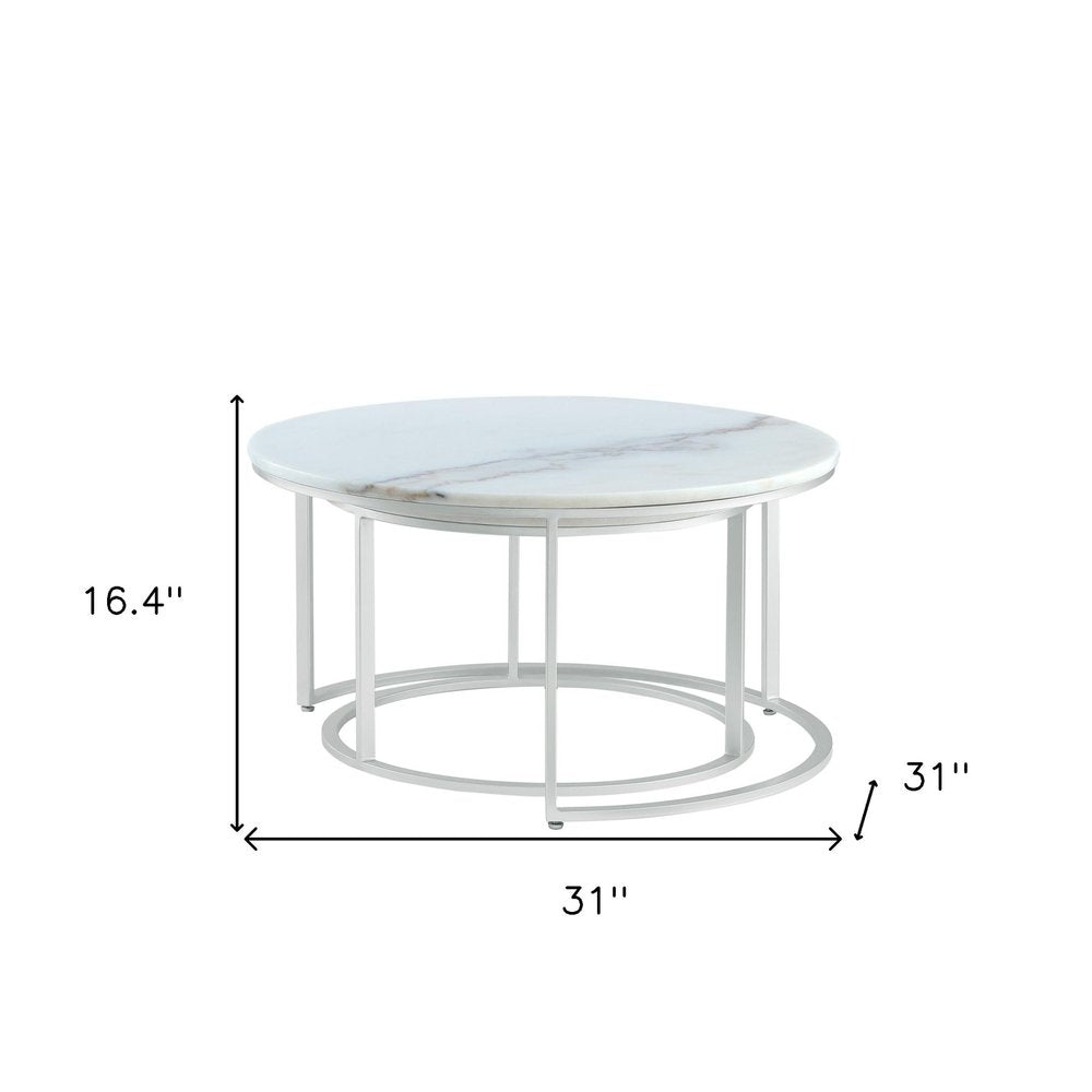 Set of Two 31" White And Gold Genuine Marble And Iron Round Nested Coffee Tables