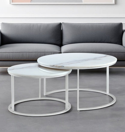 Set of Two 31" White And Gold Genuine Marble And Iron Round Nested Coffee Tables