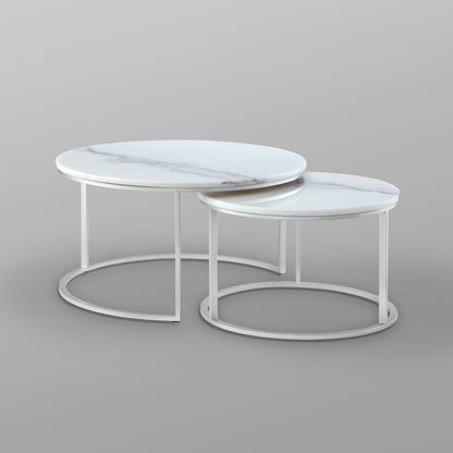 Set of Two 31" White And Silver Genuine Marble And Iron Round Nested Coffee Tables