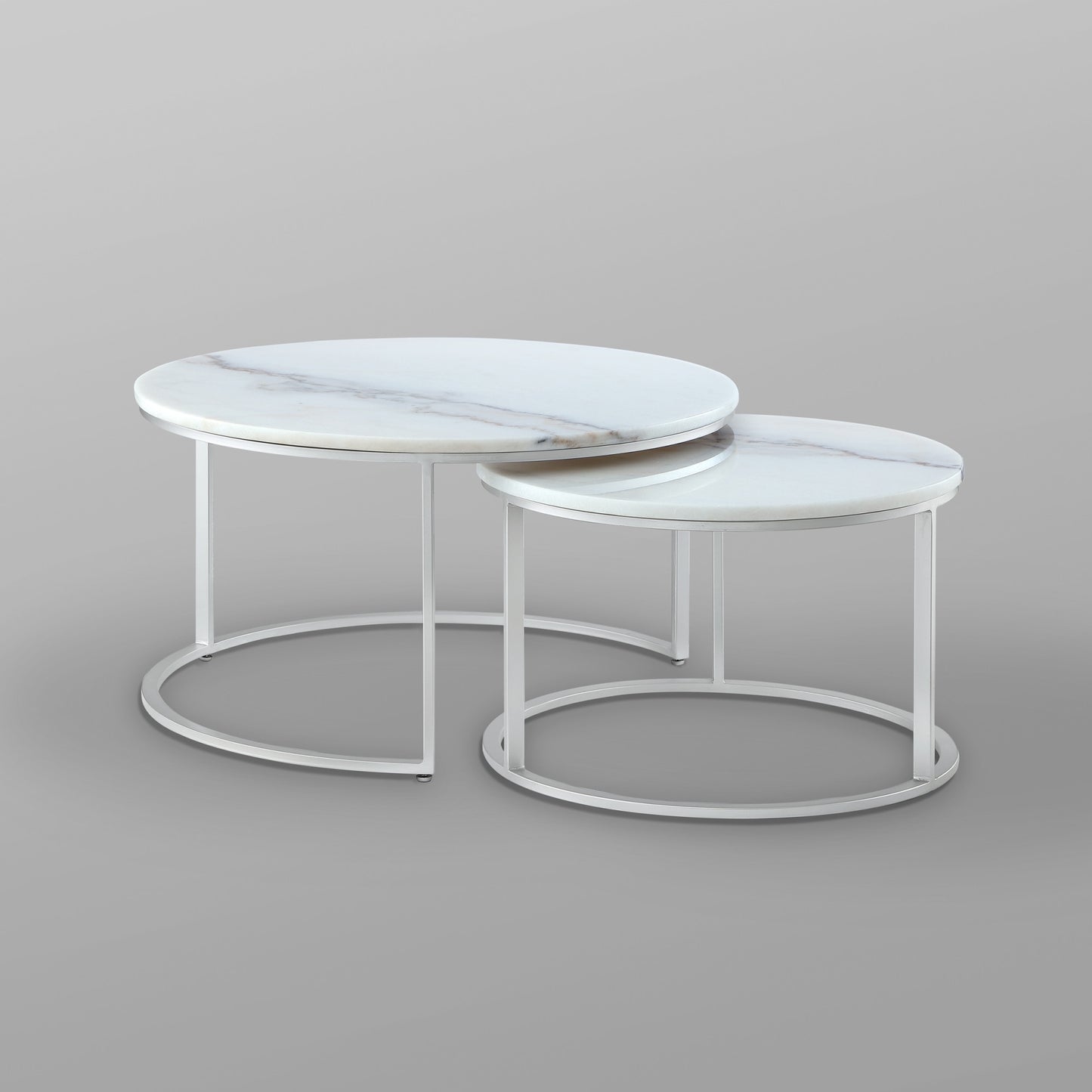 Set of Two 31" White And Gold Genuine Marble And Iron Round Nested Coffee Tables