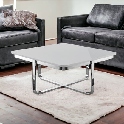 35" White And Silver Metallic Stainless Steel Square Coffee Table