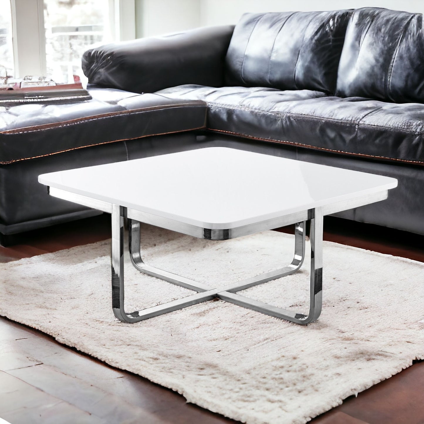 35" Light Gray And Silver Metallic Stainless Steel Square Coffee Table