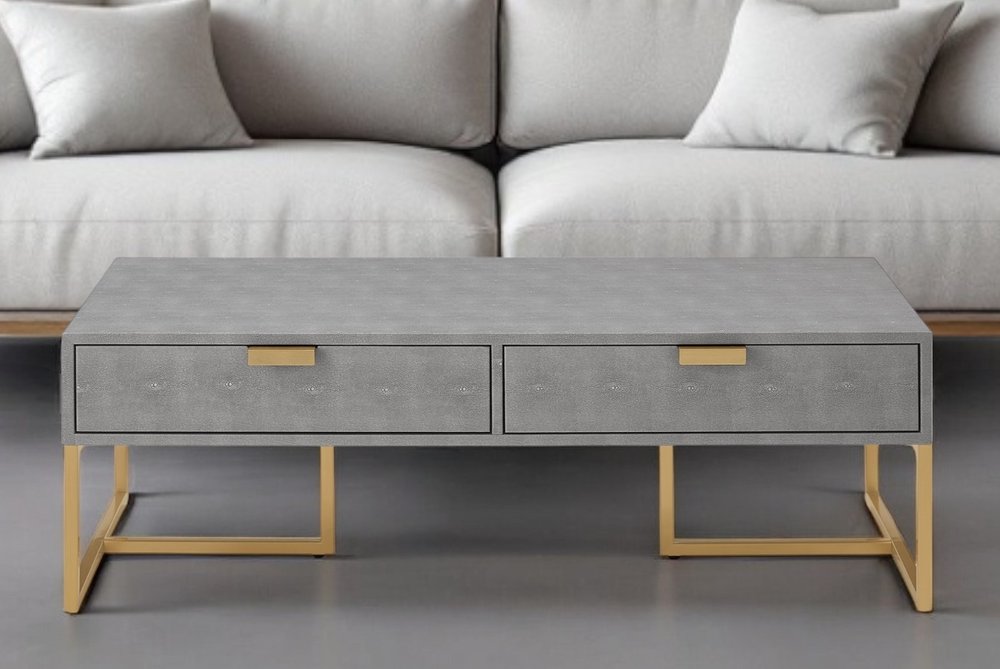46" Gray And Gold Stainless Steel Coffee Table With Two Drawers