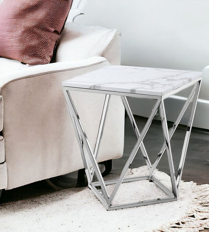 22" Silver Metallic And White Stone Square End Table