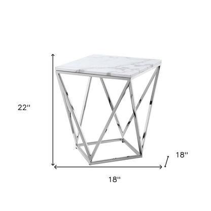 22" Silver Metallic And White Stone Square End Table