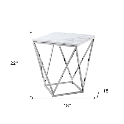 22" Silver Metallic And White Stone Square End Table