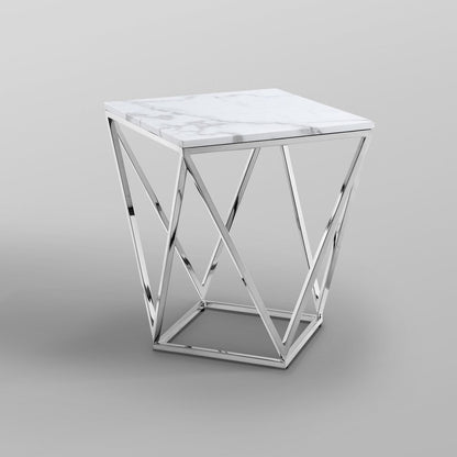 22" Silver Metallic And White Stone Square End Table