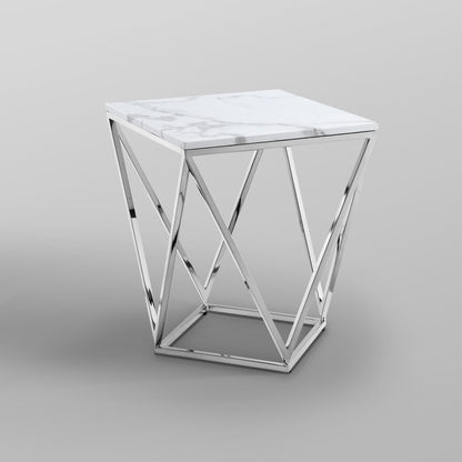 22" Silver Metallic And White Stone Square End Table