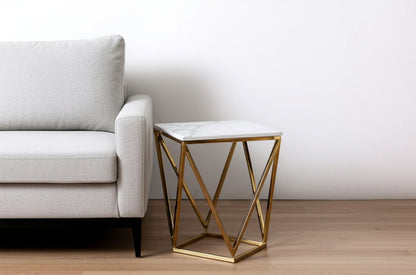 22" Silver Metallic And White Stone Square End Table