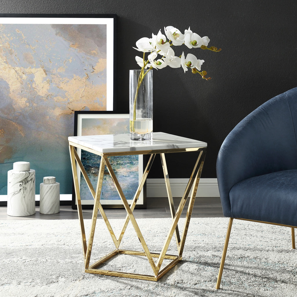 22" Silver Metallic And White Stone Square End Table