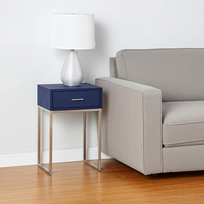 24" Silver Metallic And Navy Blue End Table With Drawer