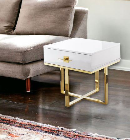 22" Gold And White Square End Table With Drawer