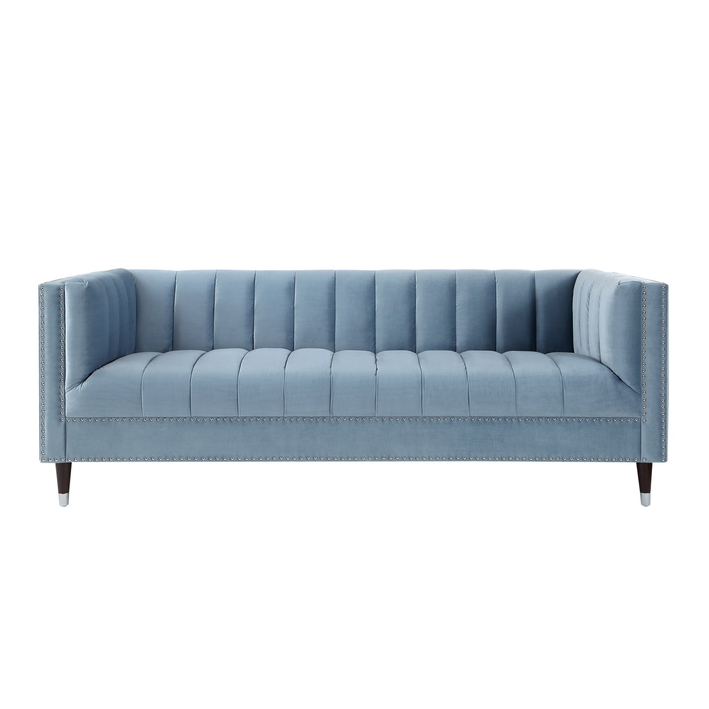 85" Slate Blue Velvet Sofa With Espresso Legs