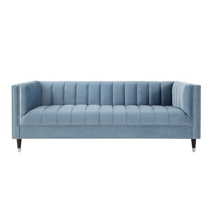 85" Slate Blue Velvet Sofa With Espresso Legs