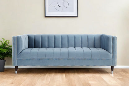 85" Slate Blue Velvet Sofa With Espresso Legs