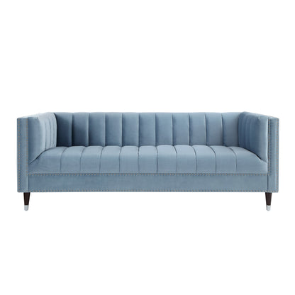 85" Slate Blue Velvet Sofa With Espresso Legs