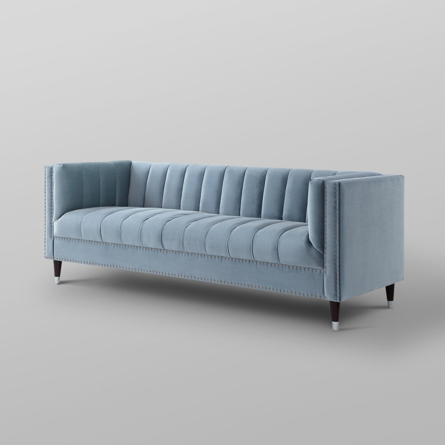 85" Slate Blue Velvet Sofa With Espresso Legs