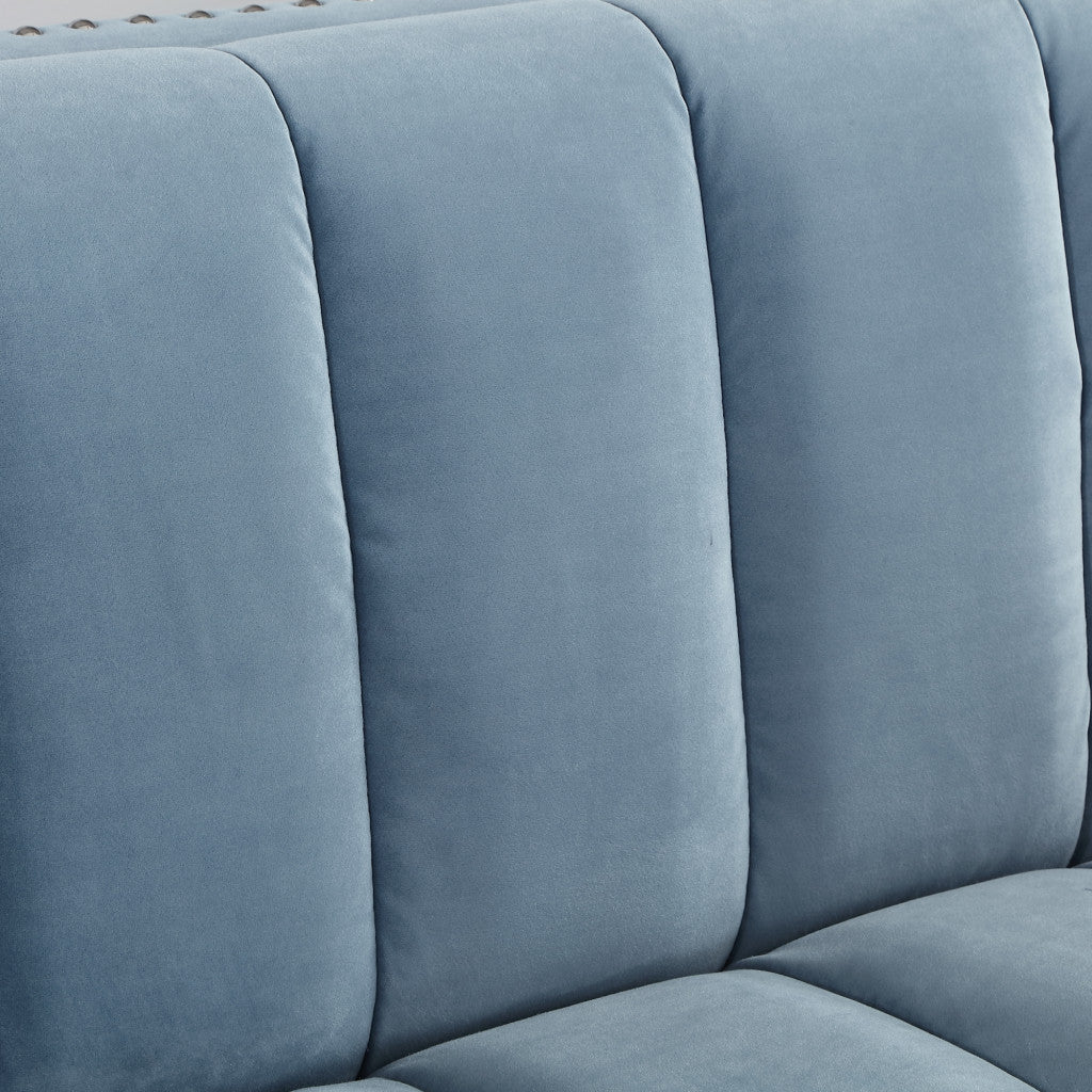 85" Slate Blue Velvet Sofa With Espresso Legs