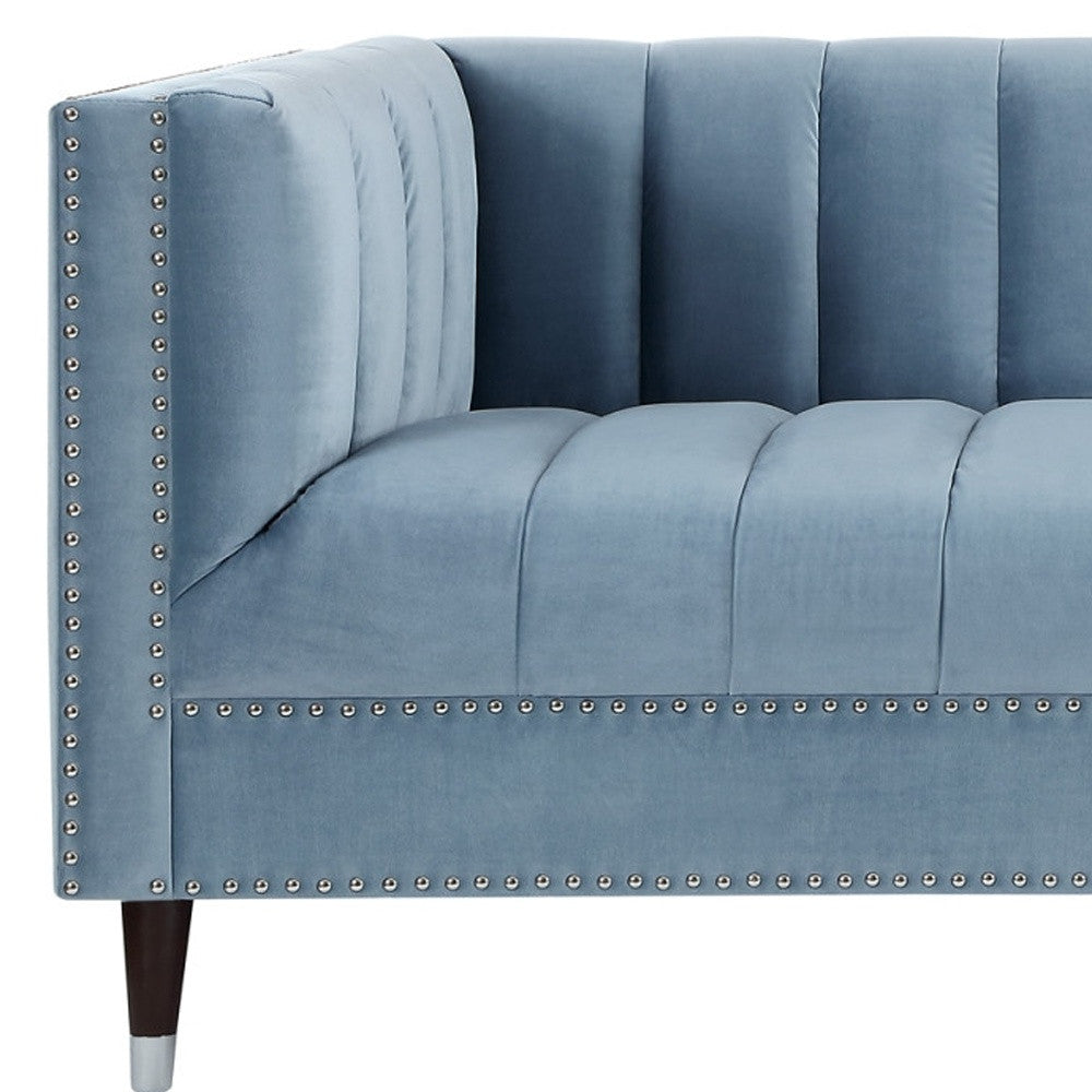 85" Slate Blue Velvet Sofa With Espresso Legs