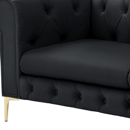 87" Black Faux Leather Chesterfield Sofa With Gold Legs