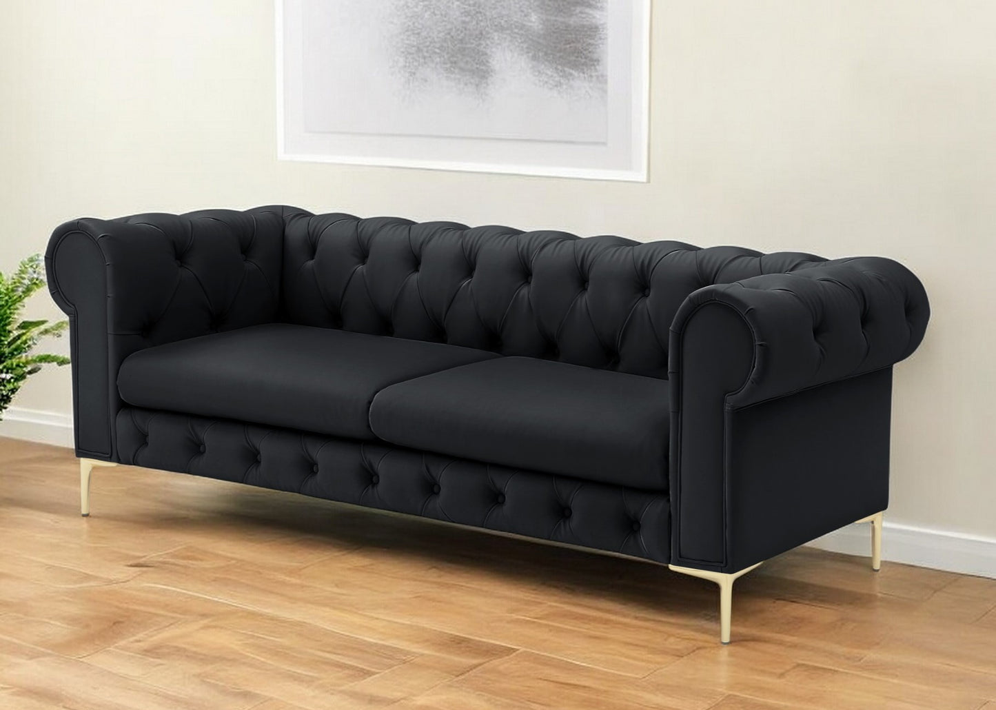 87" Black Faux Leather Chesterfield Sofa With Gold Legs