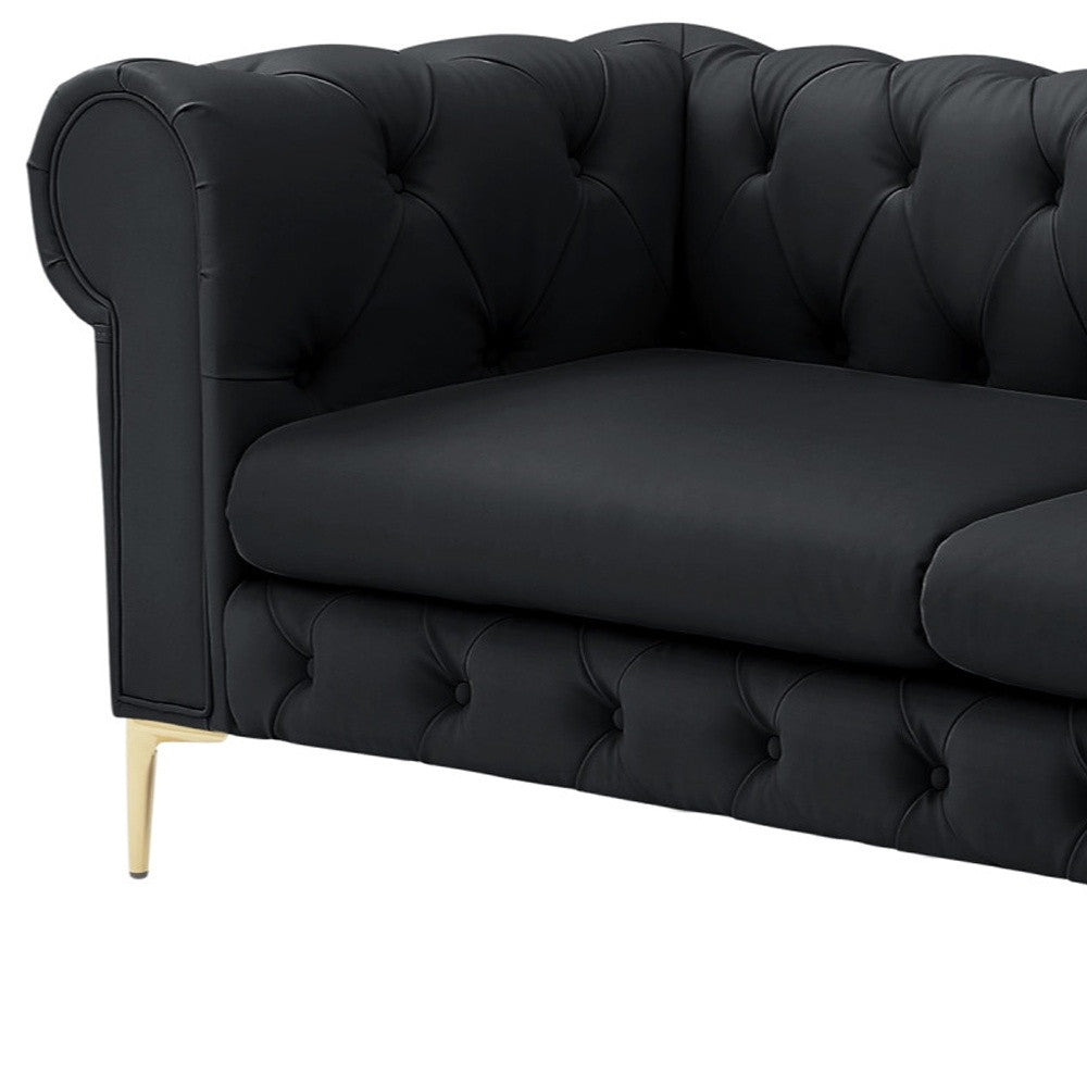 87" Black Faux Leather Chesterfield Sofa With Gold Legs