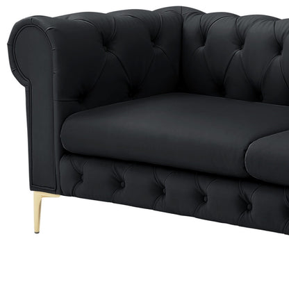 87" Black Faux Leather Chesterfield Sofa With Gold Legs