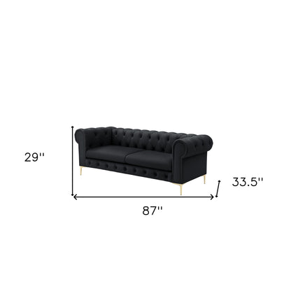 87" Black Faux Leather Chesterfield Sofa With Gold Legs