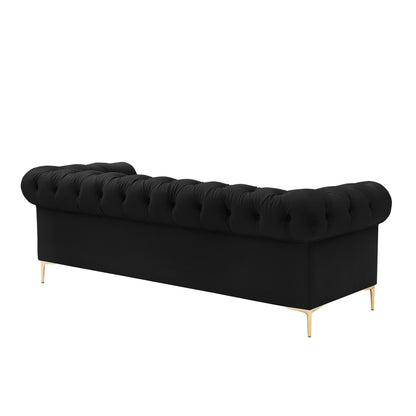 87" Black Faux Leather Chesterfield Sofa With Gold Legs